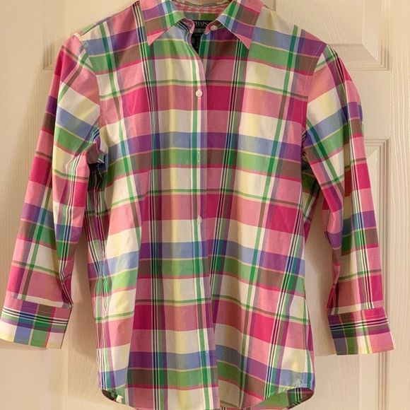 Chaps No Iron Plaid 3/4 Sleeve Blouse EUC - Picture 1 of 7